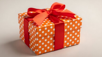 Fototapeta premium Bright orange gift box with white polka dots and red ribbon bow