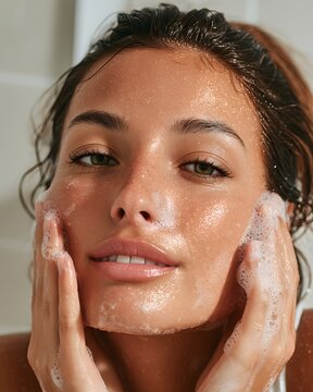 Close-up skincare scene of a woman washing her face with soft cleansing foam in bright natural light, featuring clean glowing skin and a modern minimal bathroom atmosphere for beauty and wellness use.