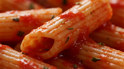 An abstract macro photograph focuses on the glossy texture of spicy tomato sauce clinging to the ridges of a penne pasta tube