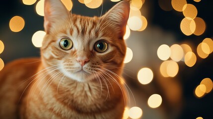 Adorable ginger tabby cat with mesmerizing green eyes poses against a backdrop of warm, glowing bokeh lights creating a festive and magical atmosphere