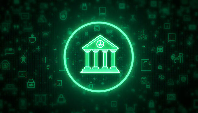 Glowing neon bank icon on a digital data background