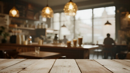 An empty wooden table surface stands ready for product display against a warm blurred coffee shop background with golden bokeh lights