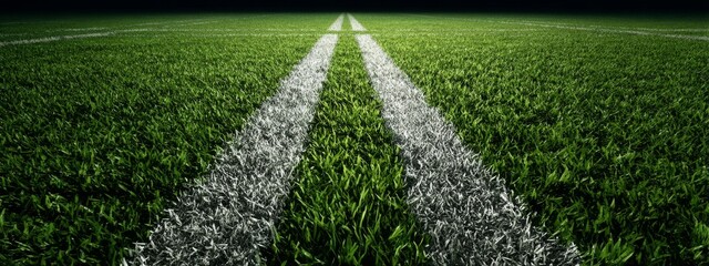 Lush Green Rugby Field with White Try Lines Under Bright Stadium Lights