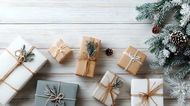 Elegant Christmas gifts wrapped in neutral tones adorned with natural elements for holiday promotions and seasonal greeting events