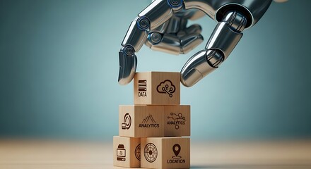 Robot hand stacking wooden blocks with cloud computing and internet of things icons for innovative technology concept