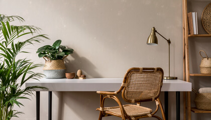 Stylish home office with a light desk, rattan chair, brass lamp, and lush green plants creating a serene workspace.