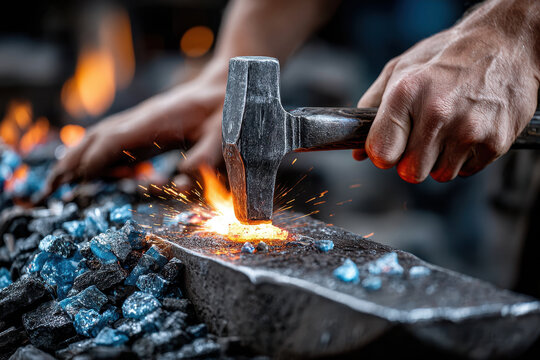 Crafting metal with hammer and anvil in a traditional workshop setting
