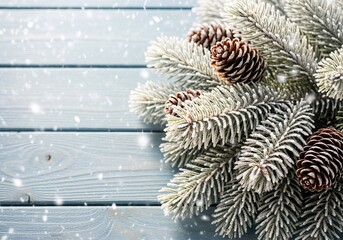 frosted pine branches with cones and snow on wooden background