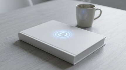 White book with glowing power symbol on cover and coffee mug