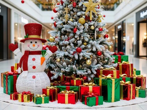 Christmas decorations display a tree, a snowman, and gifts in a shopping mall