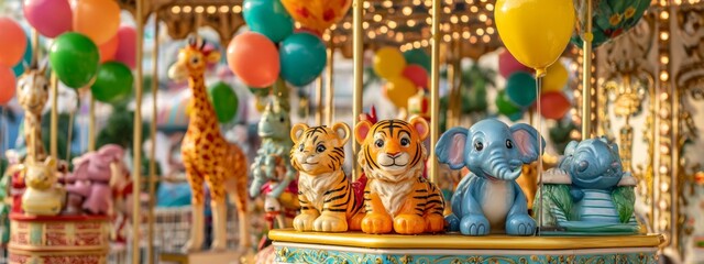 Fototapeta premium Colorful Carousel with Adorable Animal Seats Surrounded by Festive Balloons and Bright Lights for Children's Fun