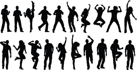 Large set of diverse happy party people silhouettes, men and women dancing, jumping, and celebrating, enjoying music and clubbing lifestyle, isolated vector collection for events and concerts.