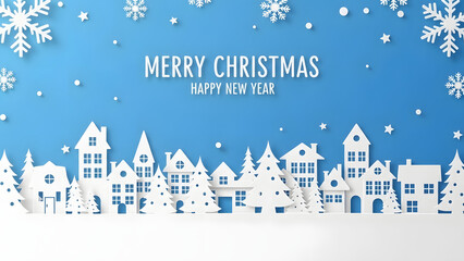 Merry Christmas Happy New Year Paper Cut Art Background Winter Snow Town Village Cityscape Papercraft Holiday Greeting Card Template