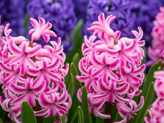 Obraz premium Close up of vibrant pink and purple hyacinth flowers in a garden during springtime