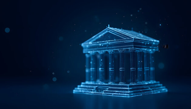 Abstract glowing blue digital bank building on dark background
