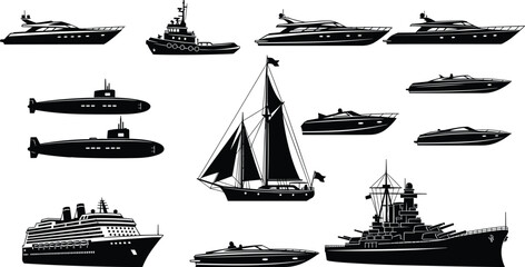 Diverse Maritime Vessels Including Luxury Yachts, Submarines, Cruise Ships, Sailboats, and Warship Vector Icons Set. © Asha Creatives