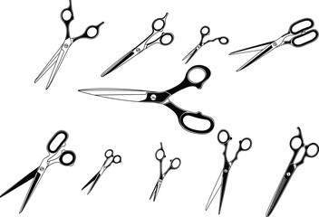 Diverse Set of Hairdressing, Tailoring, and Crafting Shears Vector Icons, Including Thinning and Cutting Tools.