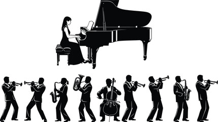 Set of black vector silhouettes of musicians including a female pianist and a jazz orchestra playing instruments on white background © Asha Creatives