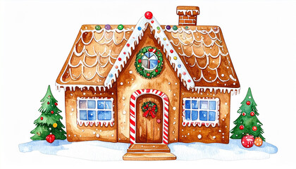 Watercolor painting of gingerbread house, festive design, hand-drawn art, isolated on white