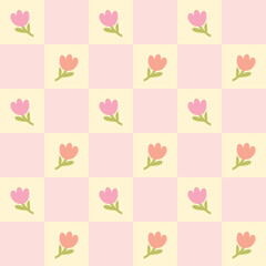 Pink Tulip Geometric Grid Seamless Pattern on Soft Pastel Rose-Green Background — Cute Floral Repeat Design for Tablecloths, Fabrics, Wrapping and Spring Prints