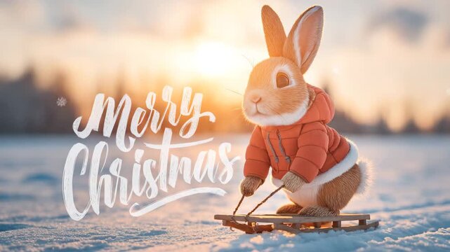 Cute bunny wearing a jacket pulling a sled in the snow a whimsical Christmas illustration perfect for holiday cards and seasonal designs