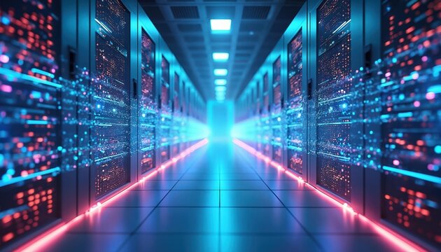 Futuristic server room with rows of data servers behind glass panels. High speed digital lines and bright blue lights illuminate the corridor. Modern data center or Internet service provider facility.