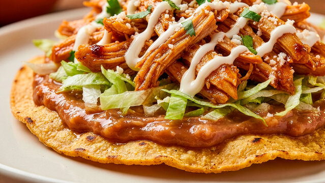 Shredded Chicken Tostada with Refried Beans, Fresh Lettuce, and Creamy Crema Close-Up