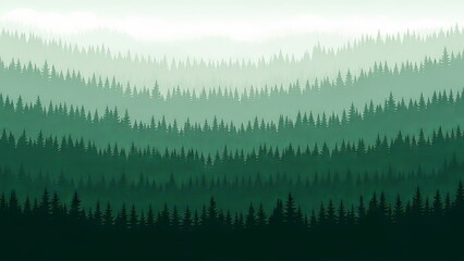 Abstract illustration of layered forest landscape with evergreen trees