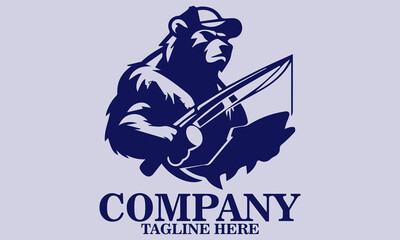 Fototapeta premium Anthropomorphic grizzly bear mascot fishing and wear a hat vector illustration and logo design