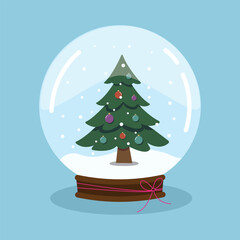 Glass ball with Christmas tree and snow on blue background. Christmas and New Year concept. Festive elements for greeting cards