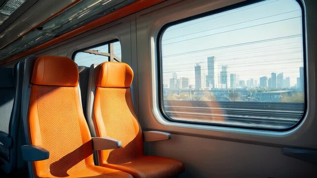 Bright sunlight illuminates empty orange seats inside a contemporary train as the city skyline passes by outside the window. The image highlights modern commuting and urban mobility trends