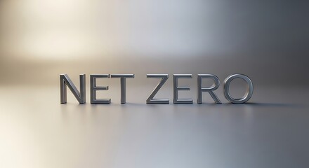 Net zero text concept made of steel letters on a bright background, representing carbon neutrality and sustainability