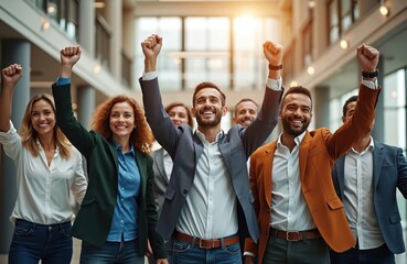 Obraz premium Diverse team of business professionals in office environment raise arms in celebration of shared victory. Colleagues express joy and unity, achieving a common goal together with genuine smiles.