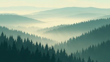 Hills covered with evergreen trees and fog tranquil atmospheric landscape