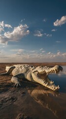 Obraz premium Large crocodile resting near water under a blue sky with clouds
