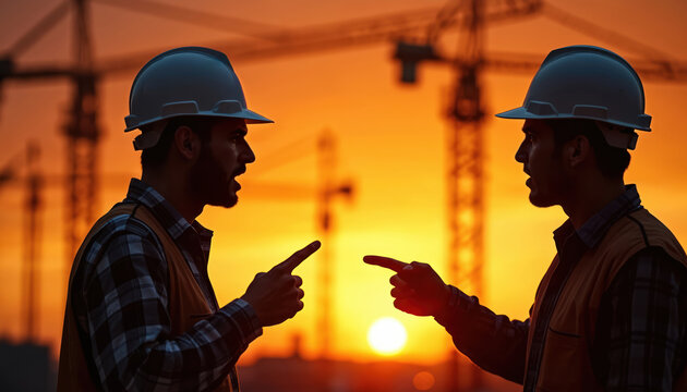 Construction workers in hard hats argue at sunset with cranes in background. Men point fingers at, showing disagreement on building site during evening shift. Conflict, communication issues on