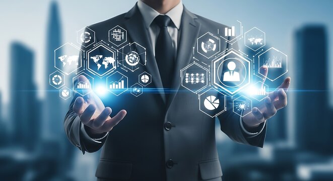 Businessman holding virtual interface screen showing business intelligence, data analysis, and global marketing strategy concept - Powered by Adobe