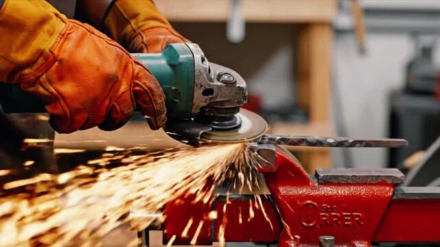 Skilled metalworker creating brilliant sparks while grinding metal with a power tool in a professional workshop setting