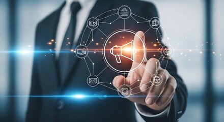 Businessman touching virtual screen with marketing strategy concept, social media and digital online content, promotion of products