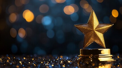 Stunning golden star award shimmering against a bokeh background, perfect for celebrating success, achievement, and outstanding performance, shining brightly