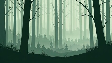 Dense forest silhouette illustration with misty background and tall trees