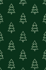 Hand-drawn pine tree silhouettes repeating on dark-green background vector