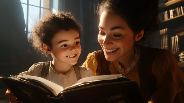 Mother joyfully assists child with reading - Powered by Adobe