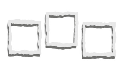 Three empty square frames with torn edges isolated on white background for design template