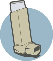 Illustration of a beige asthma inhaler against a light blue circular background, depicting medical equipment.