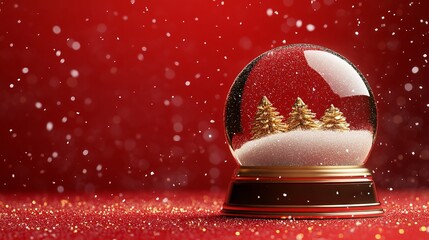 Elegant Christmas snow globe with golden trees and falling snow on a vibrant red background, perfect for holiday promotions and seasonal greetings