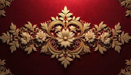 Ornate golden floral relief on deep red velvet. Intricate filigree swirls and flower blooms create a luxurious, vintage backdrop. Perfect for decorative borders, invitations, or opulent designs.