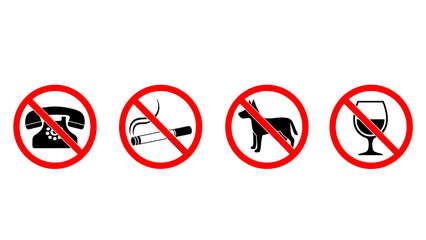 Collection of common forbidden symbols indicating no phones smoking pets or drinking isolated on white background