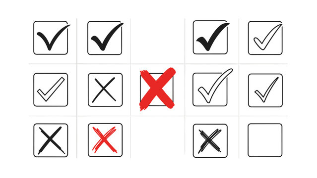 Collection of diverse checkbox symbols with check marks and red crosses representing choices isolated on white background