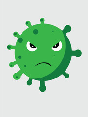 Cartoon illustration of a green virus with an angry expression, featuring spikes and spots on a light gray background.
